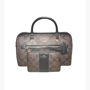 Coach Rowan Satchel Brown/Black Signature Canvas and Wrislet